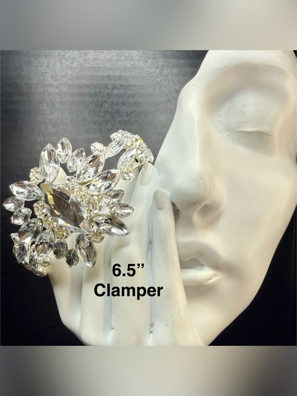 Crystal Floral Clamper Bracelet - Clear Silver Tone